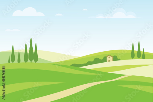 Rolling green hills and trees with a small countryside house