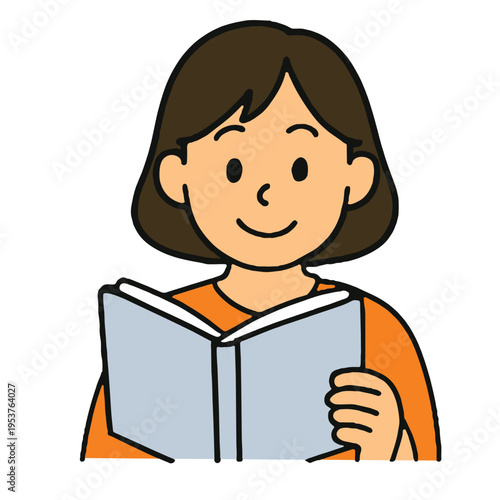 Smiling woman reading book, cartoon style, brown hair, orange shirt, white background