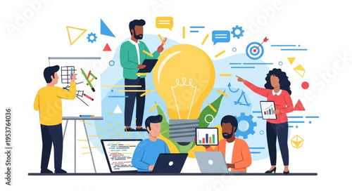 Diverse Team Collaborating on Innovative Ideas Around a Light Bulb.