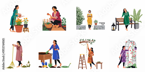 Vector illustration set featuring Indian women enjoying various gardening activities like planting, watering, and harvesting in their lush backyard gardens.
