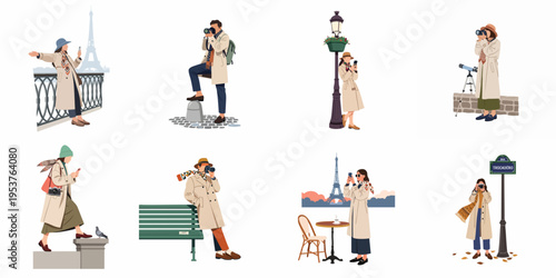 Collection of stylish tourists exploring Paris landmarks, taking photos, and enjoying the city in classic trench coats and autumn fashion.