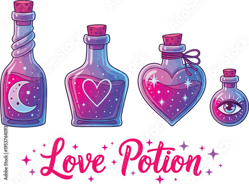 Cartoon love potion bottles with magical liquids and symbols purple