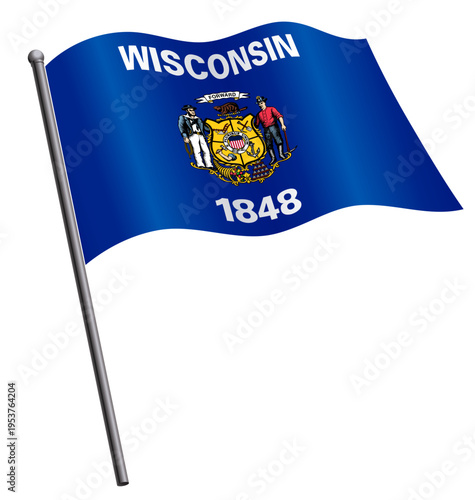 accurate correct wisconsin wi state flag flying waving flowing on flagpole vector isolated on transparent background