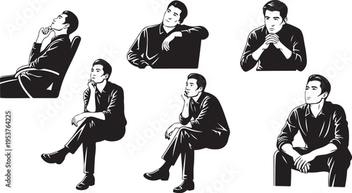 Businessman in various thoughtful poses and expressions illustration set