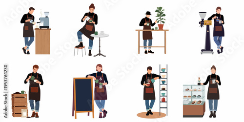 Set of diverse professional baristas in aprons preparing coffee, performing latte art, and serving customers in a modern cafe environment.