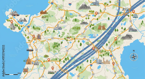 Detailed Map Illustration of a Region with Various Landmarks and Industries.