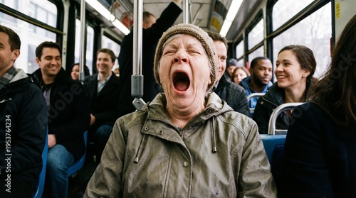 Yawning in Transit: Amidst the hustle of a daily commute, a moment of uninhibited expression captures a commuter mid-yawn, revealing a candid glimpse into shared human experiences. 
