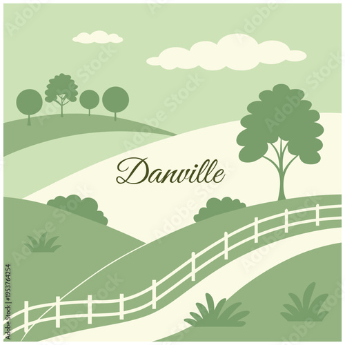 Scenic Danville Kentucky Green Landscape Illustration with Path and White Fence