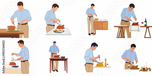 A collection of flat vector illustrations depicting a man carving a roasted turkey for Thanksgiving, Christmas, and festive holiday dinner celebrations.
