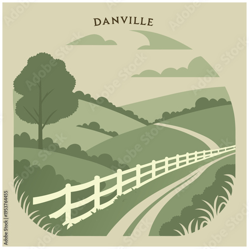 Danville Kentucky Country Road Illustration with Rolling Hills and White Fence