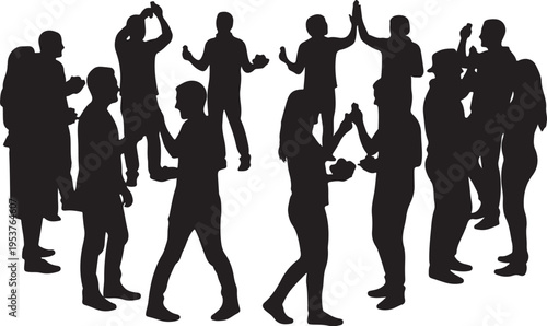 Silhouettes of people in various poses and celebrations together