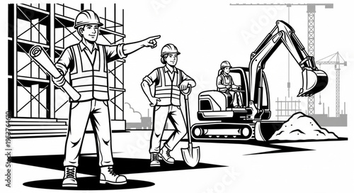 Construction Workers Overseeing Excavation Project with Heavy Machinery.