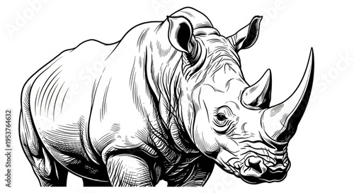 Detailed black and white illustration of a rhinoceros with prominent horns.