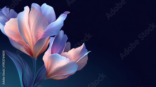 Two iridescent flowers with delicate petals bloom against a dark blue backdrop, creating a dreamlike, ethereal effect in this digitally rendered artwork.