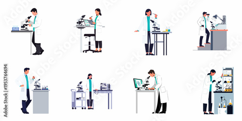 Flat vector illustration set of diverse scientists performing various research and experiments using microscopes and digital technology in a laboratory setting.