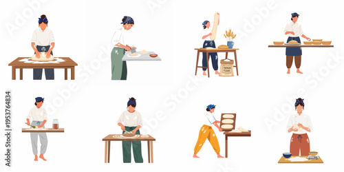 Flat Vector Illustrations of Female Bakers Kneading, Rolling, and Preparing Bread Dough in a Professional Bakery Setting