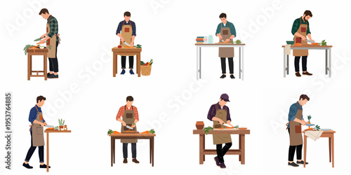 Collection of flat vector illustrations featuring men wearing aprons and preparing fresh vegetables on kitchen tables.