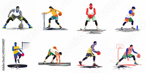 Collection of diverse basketball players in dynamic action poses on cracked urban pavement, flat minimalist vector illustration set.