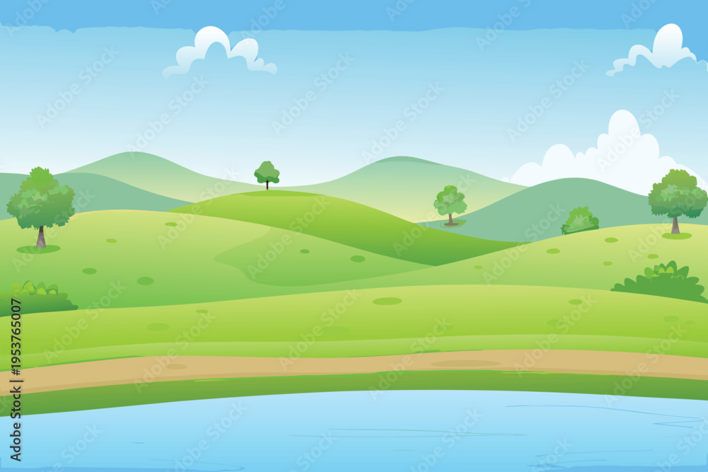 Obraz premium A vibrant cartoon landscape with rolling green hills and blue sky