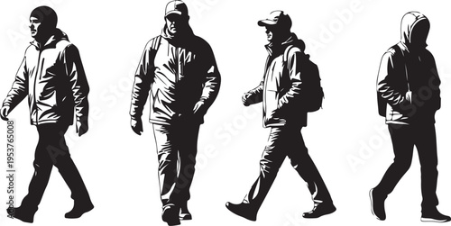 Silhouettes of men walking in different casual outfits styles