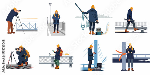 Flat illustration set featuring a young male photographer using professional gear and cameras in various outdoor urban settings and bridge locations.