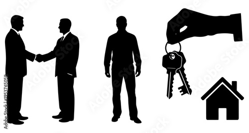 Businessmen Shaking Hands Key Hand House Icon Silhouette