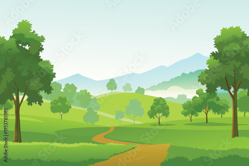A peaceful landscape featuring rolling green hills and distant mountains