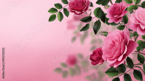 A delicate arrangement of vibrant pink roses with lush green leaves cascades gracefully across a soft pink gradient background, evoking romance and beauty.