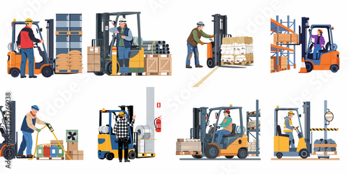Various warehouse scenes featuring male and female forklift operators loading, unloading, and managing diverse cargo in a modern industrial setting vector illustration.