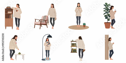 Collection of flat illustrations showing a young woman in a cozy sweater enjoying various relaxing indoor activities at home.