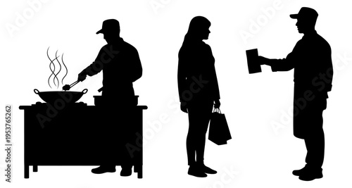 Chef Cooks Wok Food Customer Holds Bag Server Holds Clipboard Silhouette
