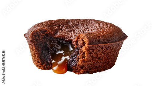 Delicious chocolate lava cake with a rich, gooey caramel filling oozing out, perfectly isolated PNG on a transparent background, a decadent dessert for menus and food blogs