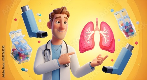 Friendly Cartoon Doctor with Lungs – 3D Medical Illustration for Asthma Awareness