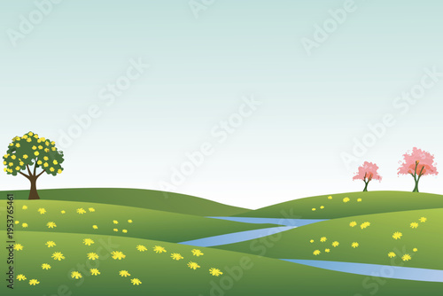 A peaceful landscape with rolling hills trees and a stream