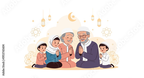 Illustration of a Muslim family praying together on Eid al-Fitr with a traditional design against a festive background with a crescent moon and lanterns.