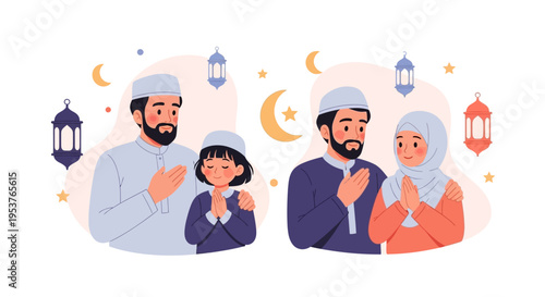 Illustration of a Muslim family in traditional attire with hands clasped in prayer, Eid al-Fitr themed design with lanterns and crescent moons on a white background.