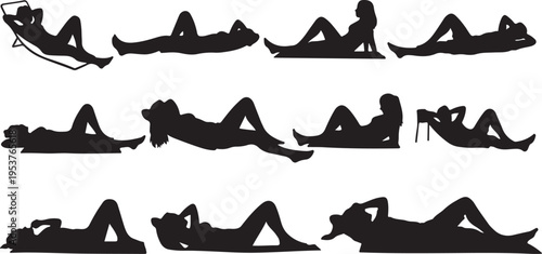 Silhouette of woman in various relaxing summer poses outdoors