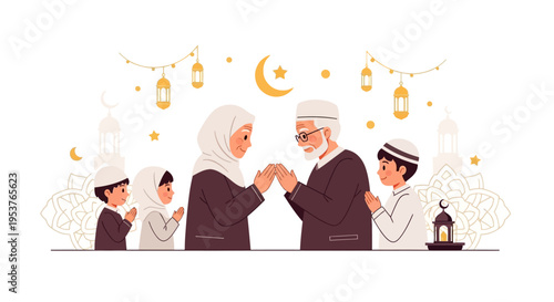Illustration of a Muslim family in traditional attire asking for forgiveness on Eid al-Fitr with a crescent moon and lanterns in the background, conveying a sense of tradition and