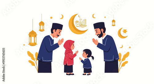 Illustration of a Muslim family asking forgiveness on Eid al-Fitr with traditional attire and moonlit background.