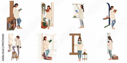 Set of illustrations featuring a young woman in a cozy sweater reading books in various indoor settings, perfect for hobby and lifestyle themes.