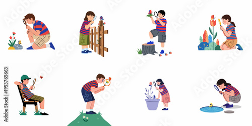 Set of illustrations featuring children using magnifying glasses to explore nature, observing butterflies, flowers, and insects in various outdoor activities.