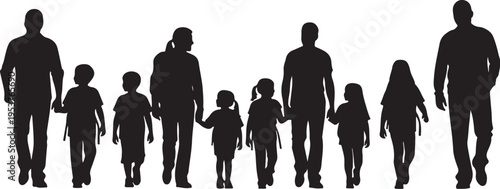 Silhouette of a large happy family walking together outdoors