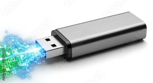 USB flash drive with luminous data stream, representing rapid digital information transfer, secure portable storage, and the core of modern technology concepts