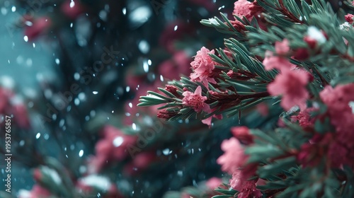 Close-up of snow falling on pine tree branches with pink accents, creating a festive winter scene.