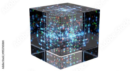Abstract glowing digital cube illustrating complex data networks, information flow, and big data processing, representing advanced technological concepts and virtual intelligence
