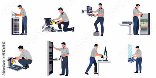 Set of flat illustrations showing a technician implementing lockout-tagout procedures on server racks and industrial control panels for safety and maintenance.