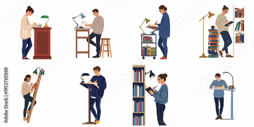 Flat vector illustrations of students and scholars reading books and taking notes while standing at various desks and bookshelves in a library setting.