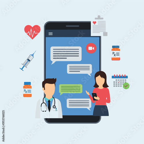 Illustration of a doctor and patient communicating via a mobile app for telehealth services, with medical icons surrounding them.