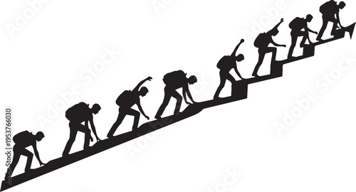 Silhouette of people climbing stairs with heavy backpacks upwards