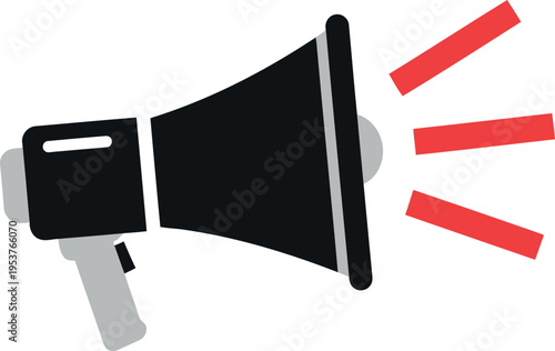 A black megaphone with a gray handle emits red sound waves, symbolizing an announcement or broadcast.